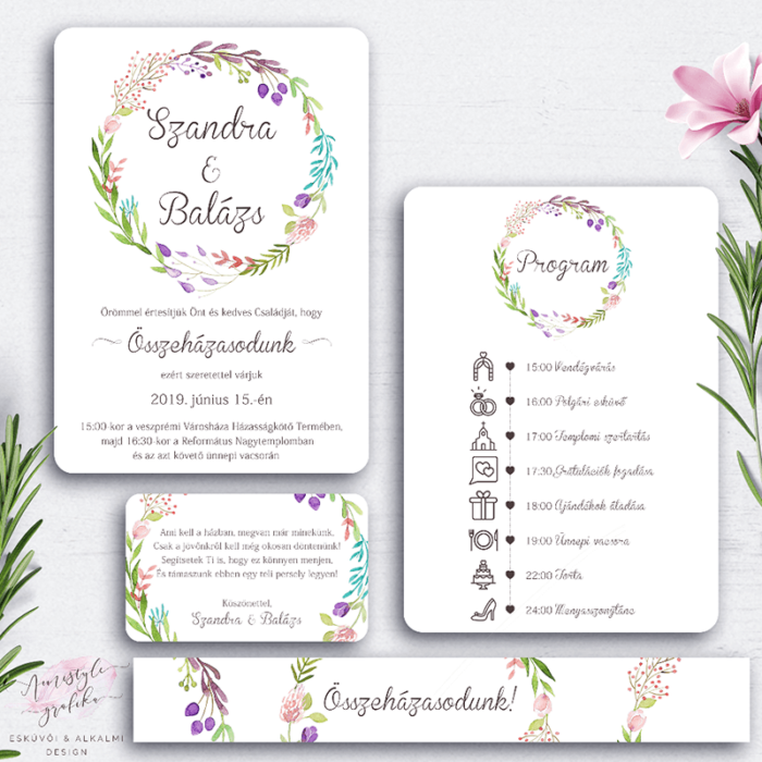 Esküvői Meghívó Készlet Kézzel Festett Virágkoszorús Motívummal Esküvői Meghívó Készlet Kézzel Festett Virágkoszorús Motívummal