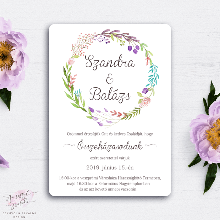 Esküvői Meghívó Akvarell Virágkoszorús Grafikával Esküvői Meghívó Akvarell Virágkoszorús Grafikával