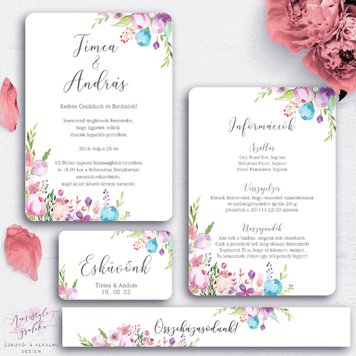 Esküvői meghívó készlet - Kézzel festett virágos esküvői szett Esküvői meghívó készlet - Kézzel festett virágos