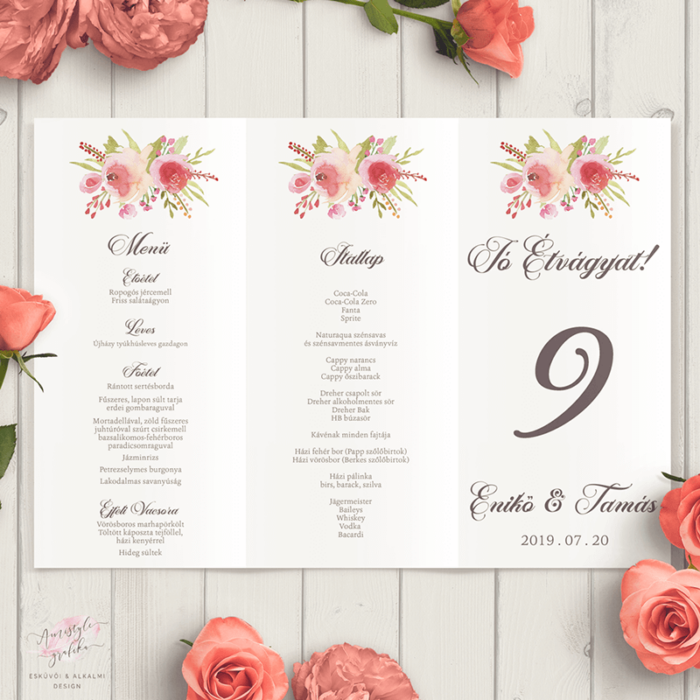 Akvarell Rózsás Háromszög Menükártya Akvarell Rózsás Háromszög Menükártya