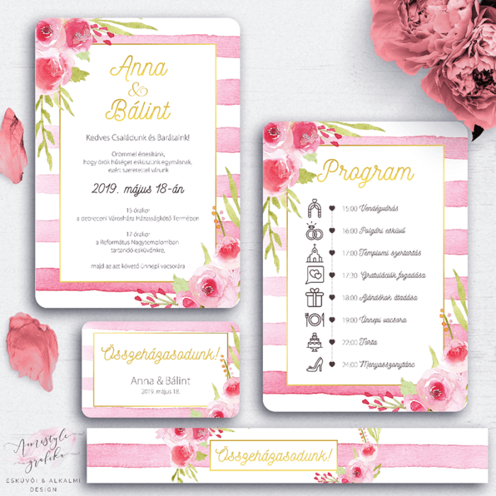 Akvarell Rózsás Csíkos Esküvői Meghívó Készlet Akvarell Rózsás Csíkos Esküvői Meghívó Készlet