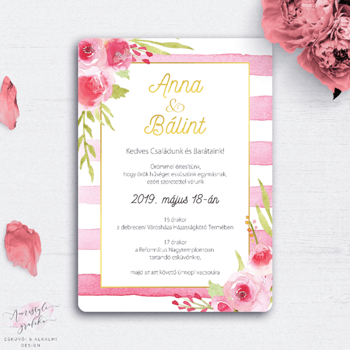 Akvarell Rózsás Csíkos Esküvői Meghívó Akvarell Rózsás Csíkos Esküvői Meghívó