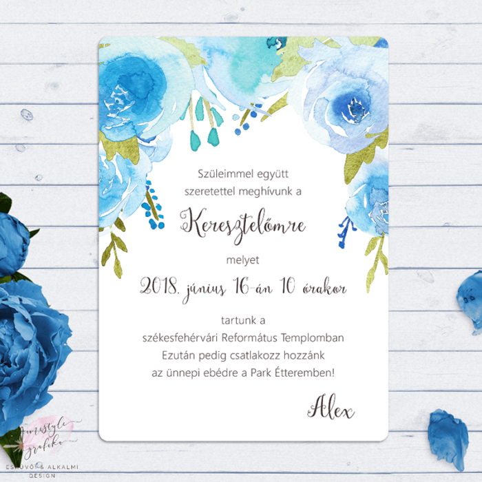 Kék Virágos Kisfiú Keresztelő Meghívó Kék Virágos Kisfiú Keresztelő Meghívó