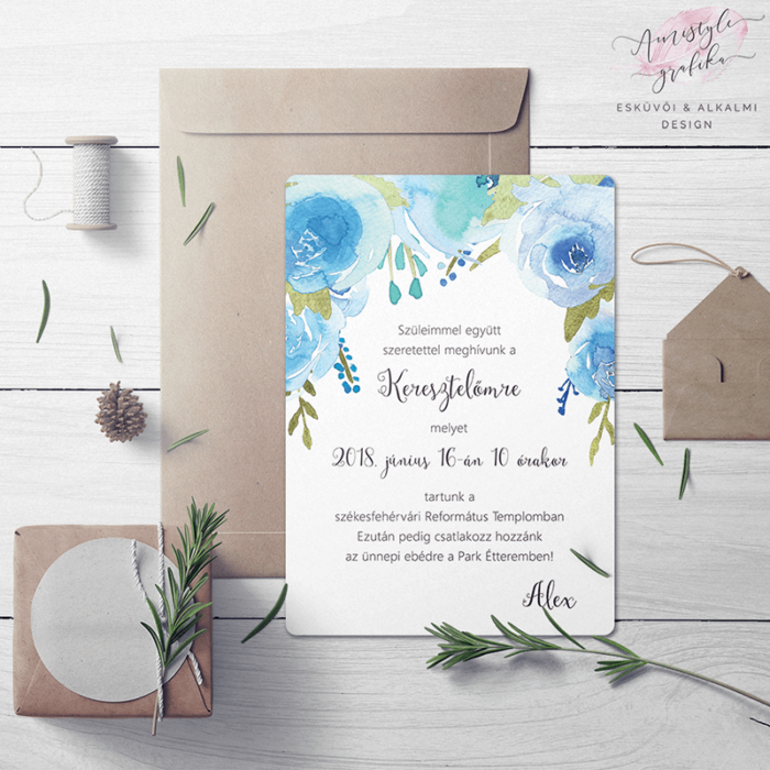 Kék Virágos Kisfiú Keresztelő Meghívó Kék Virágos Kisfiú Keresztelő Meghívó