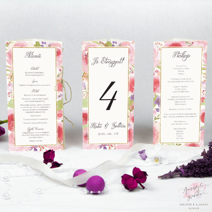 Akvarell Virágos Esküvői Háromszög Menülap Akvarell Virágos Esküvői Háromszög Menülap