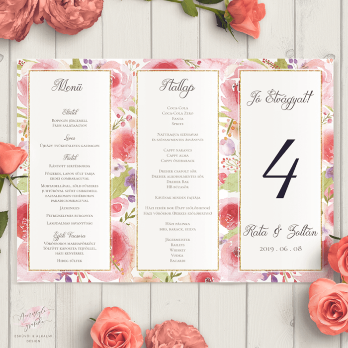 Akvarell Virágos Esküvői Háromszög Menülap Akvarell Virágos Esküvői Háromszög Menülap