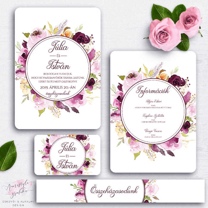 Burgundy Virágkoszorús Esküvői Meghívó Készlet Burgundy Virágkoszorús Esküvői Meghívó Készlet