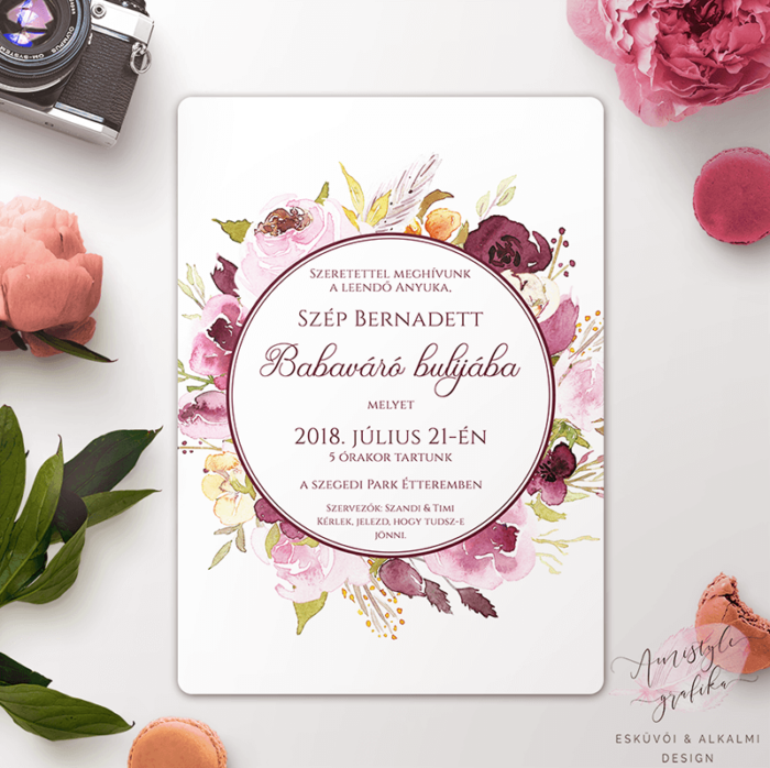 Bordó Virágkoszorús Babaváró Buli Meghívó Bordó Virágkoszorús Babaváró Buli Meghívó