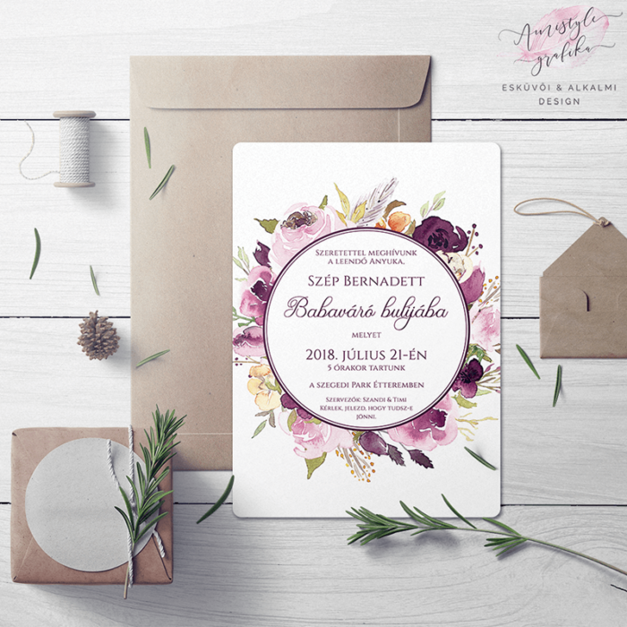 Bordó Virágkoszorús Babaváró Buli Meghívó Bordó Virágkoszorús Babaváró Buli Meghívó