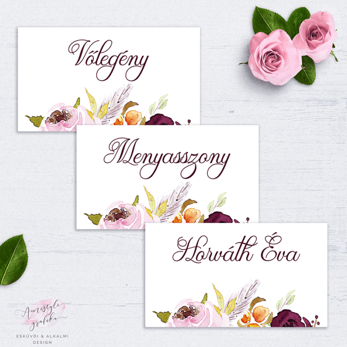 Bordó Virágos Festett Esküvői Ültetőkártya Bordó Virágos Festett Esküvői Ültetőkártya