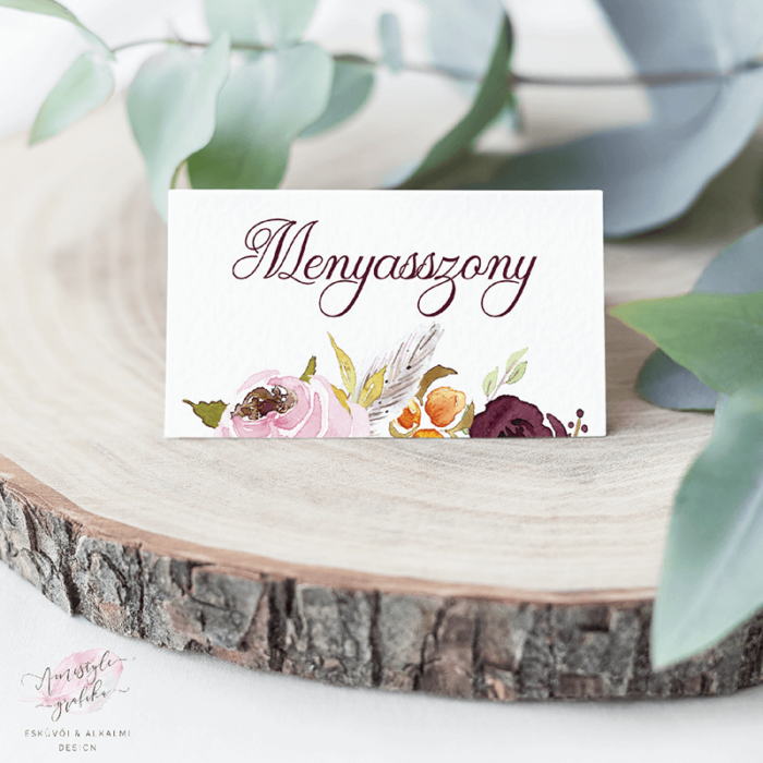 Bordó Virágos Festett Esküvői Ültetőkártya Bordó Virágos Festett Esküvői Ültetőkártya