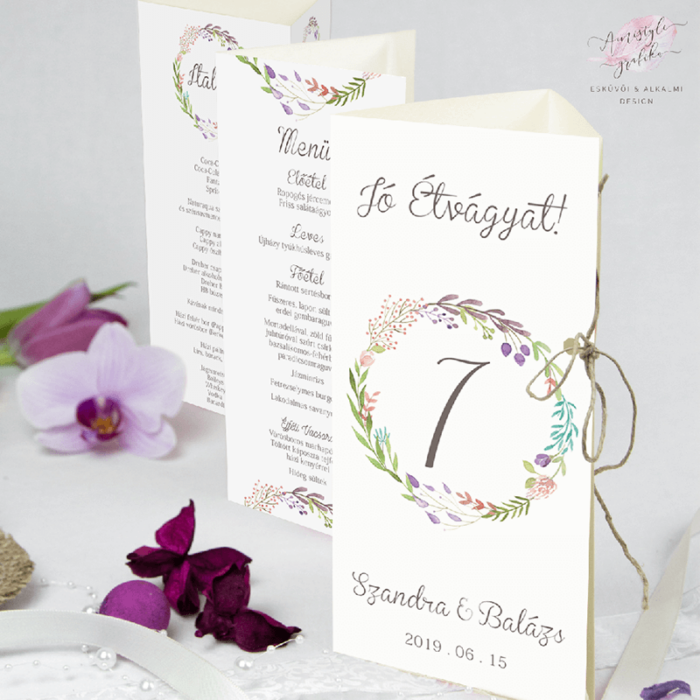 Vadvirág-koszorús Esküvői Háromszög Menülap Vadvirág-koszorús Esküvői Háromszög Menülap