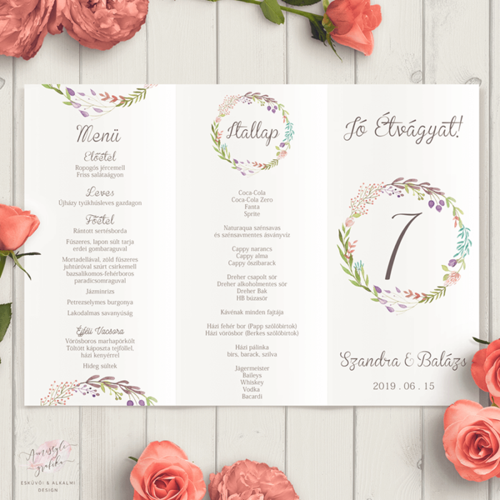Vadvirág-koszorús Esküvői Háromszög Menülap Vadvirág-koszorús Esküvői Háromszög Menülap