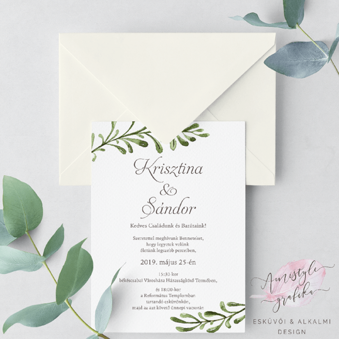Greenery Esküvői Meghívó Festett Levélmintával Greenery Esküvői Meghívó Festett Levélmintával