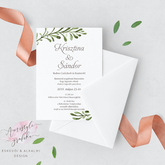 Greenery Esküvői Meghívó Festett Levélmintával Greenery Esküvői Meghívó Festett Levélmintával