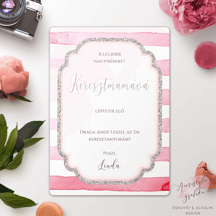 Pink Csíkos Ezüst Keresztszülő Felkérő Lap Pink Csíkos Ezüst Keresztszülő Felkérő Lap