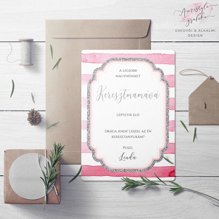 Pink Csíkos Ezüst Keresztszülő Felkérő Lap Pink Csíkos Ezüst Keresztszülő Felkérő Lap