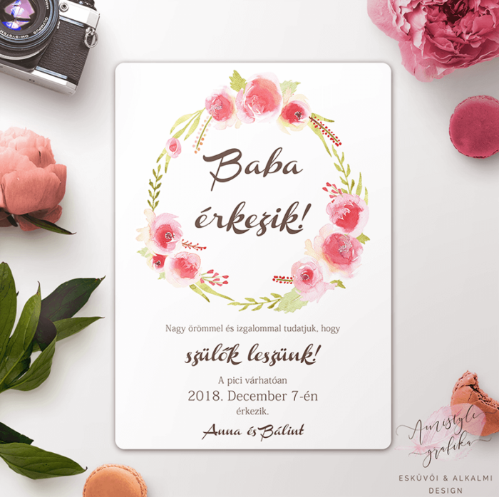 Festett Rózsakoszorús Bababejelentő Kártya Festett Rózsakoszorús Bababejelentő Kártya
