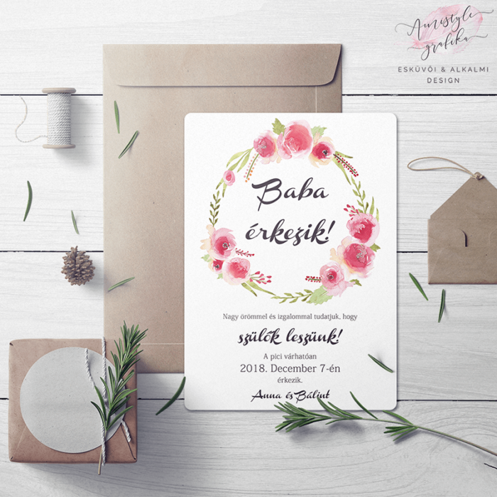 Festett Rózsakoszorús Bababejelentő Kártya Festett Rózsakoszorús Bababejelentő Kártya