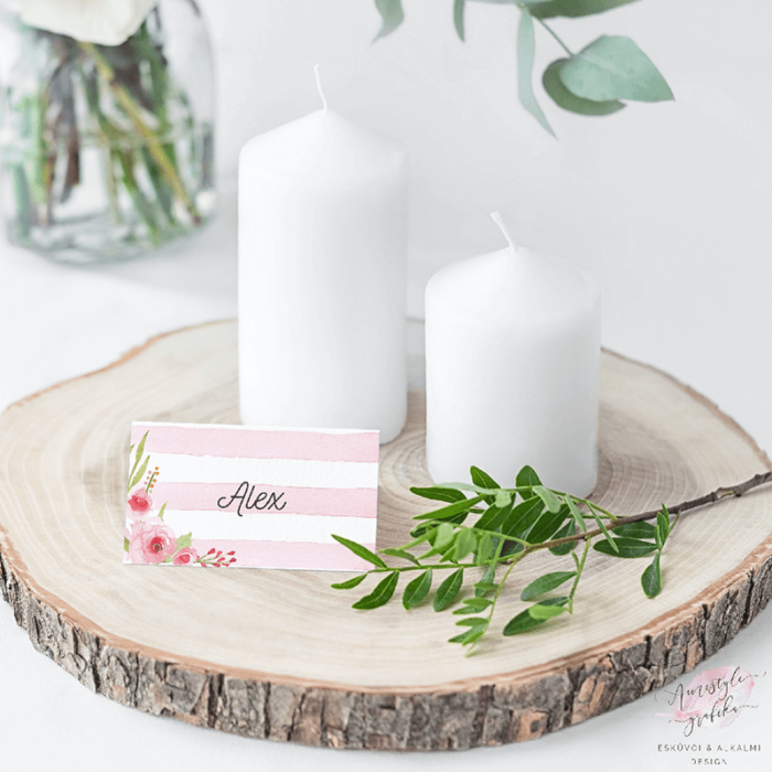 Watercolor Csíkos Rózsás Esküvői Ültetőkártya Watercolor Csíkos Rózsás Esküvői Ültetőkártya