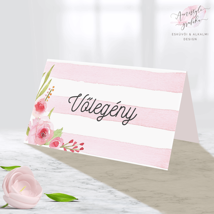Watercolor Csíkos Rózsás Esküvői Ültetőkártya Watercolor Csíkos Rózsás Esküvői Ültetőkártya