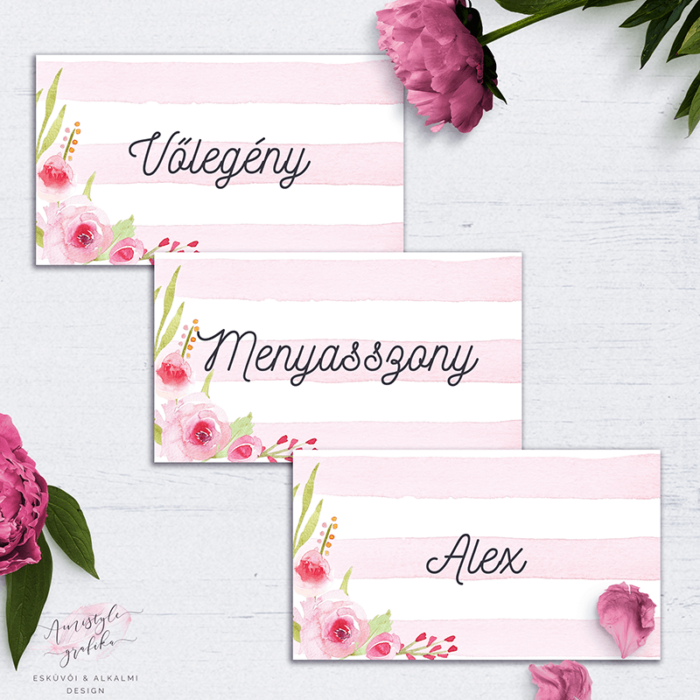 Watercolor Csíkos Rózsás Esküvői Ültetőkártya Watercolor Csíkos Rózsás Esküvői Ültetőkártya