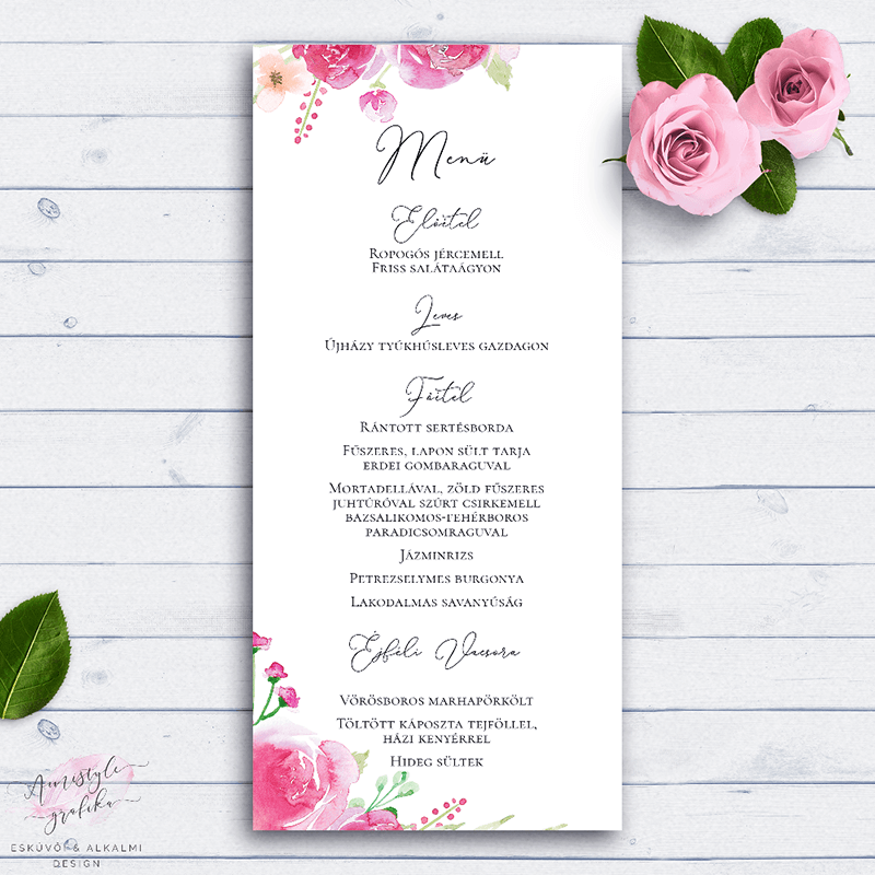 Pink Barack Rózsás Esküvői Menü Kártya
