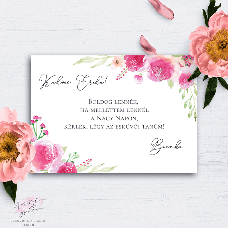 Pink-Barack Virágos Esküvői Tanú Felkérő Kártya