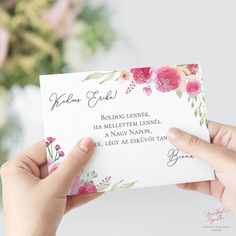 Pink-Barack Virágos Esküvői Tanú Felkérő Kártya
