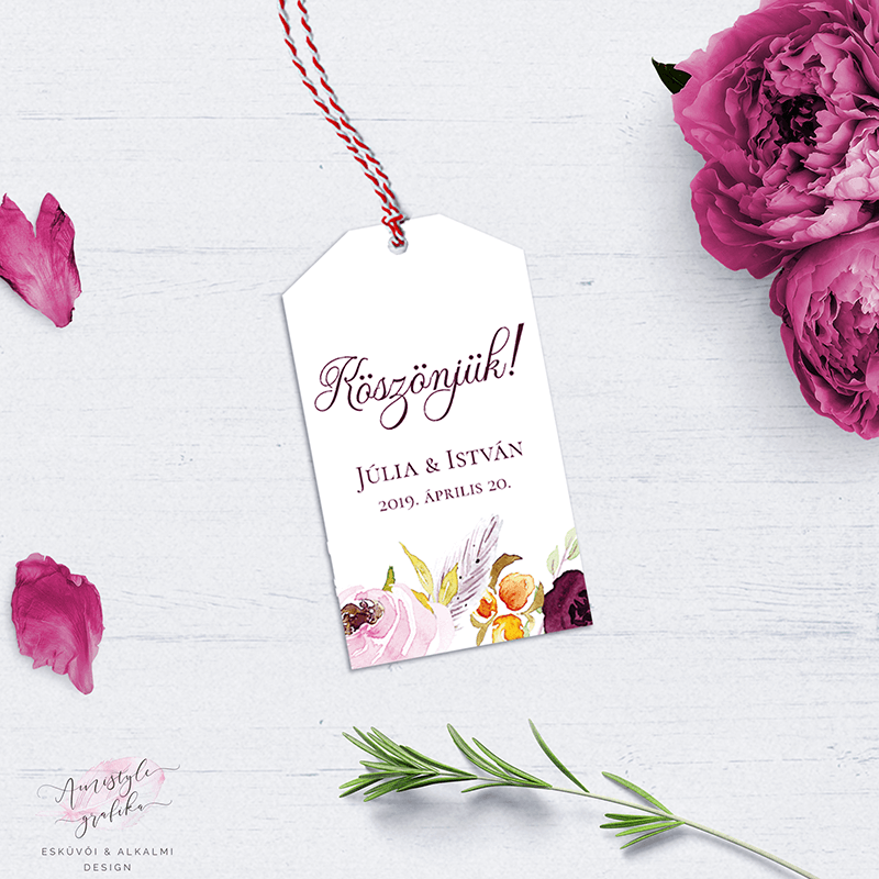 Burgundy Virágos Esküvői Köszönetkártya-Ajándékkísérő