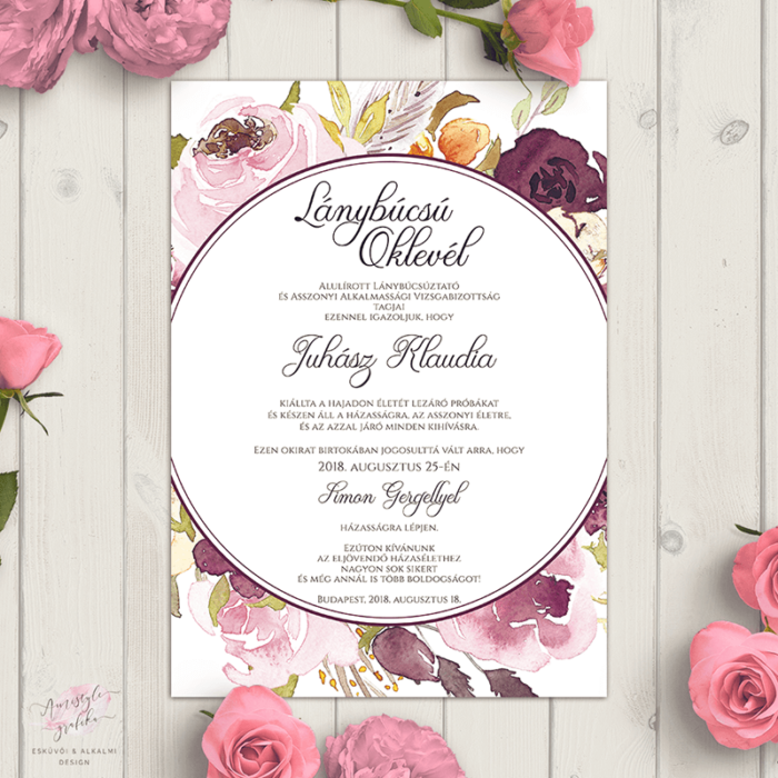 Bordó Virágkoszorús Lánybúcsú Oklevél Bordó Virágkoszorús Lánybúcsú Oklevél