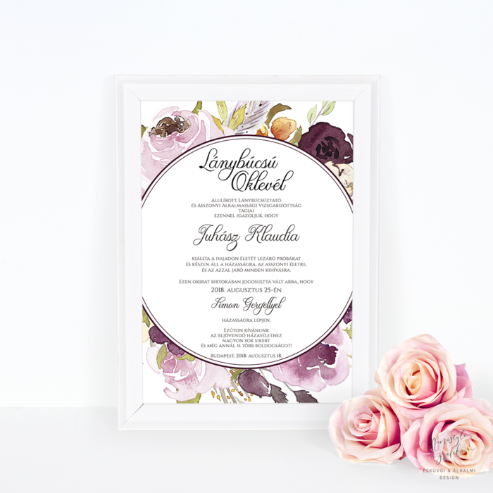 Bordó Virágkoszorús Lánybúcsú Oklevél Bordó Virágkoszorús Lánybúcsú Oklevél