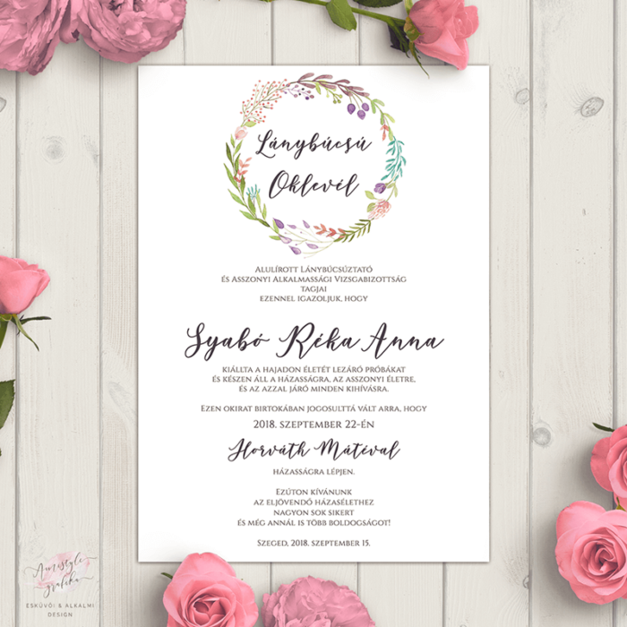 Virágkoszorús Bohó Lánybúcsú Oklevél Virágkoszorús Bohó Lánybúcsú Oklevél
