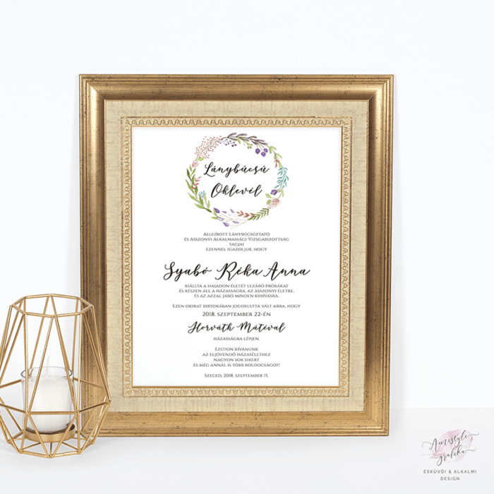 Virágkoszorús Bohó Lánybúcsú Oklevél Virágkoszorús Bohó Lánybúcsú Oklevél