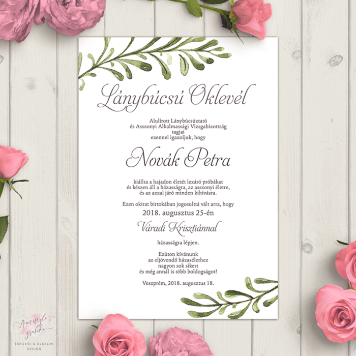 Greenery Lánybúcsú Oklevél Greenery Lánybúcsú Oklevél