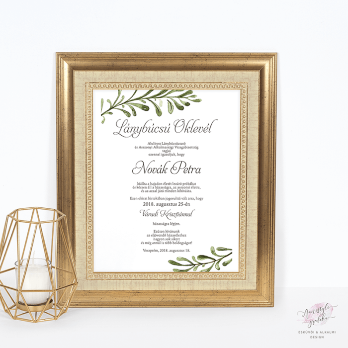 Greenery Lánybúcsú Oklevél Greenery Lánybúcsú Oklevél