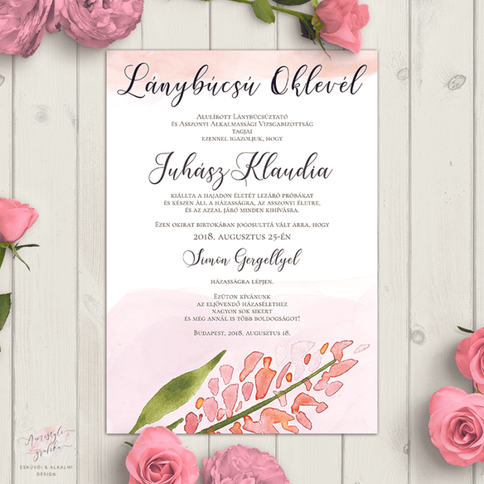 Akácvirágos és Vízfestékes Lánybúcsú Oklevél Akácvirágos és Vízfestékes Lánybúcsú Oklevél