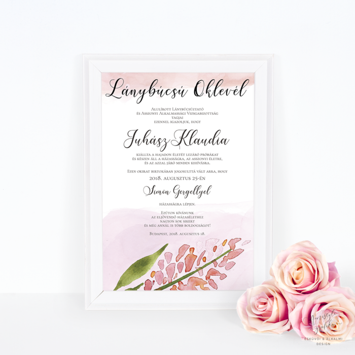 Akácvirágos és Vízfestékes Lánybúcsú Oklevél Akácvirágos és Vízfestékes Lánybúcsú Oklevél