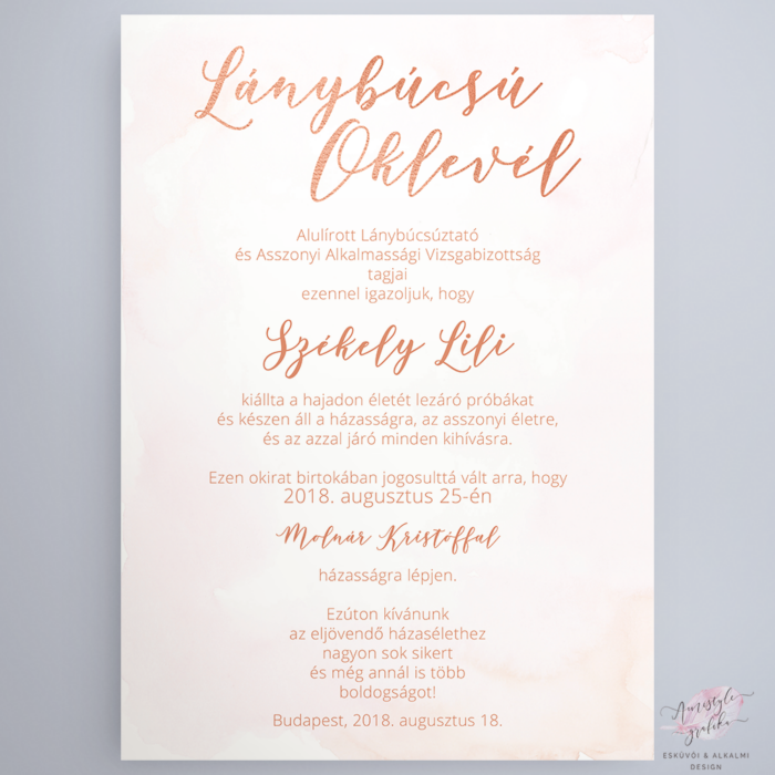 Rosegold Pink Lánybúcsú Oklevél Rosegold Pink Lánybúcsú Oklevél
