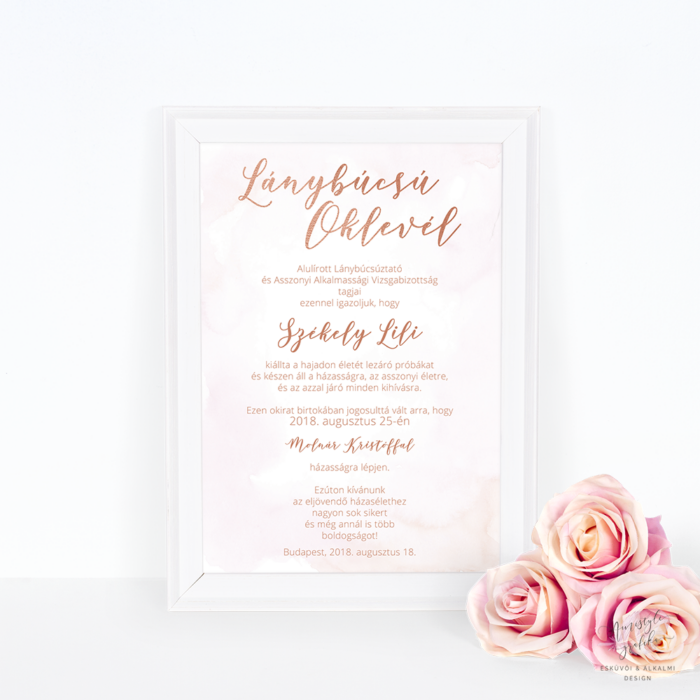 Rosegold Pink Lánybúcsú Oklevél Rosegold Pink Lánybúcsú Oklevél
