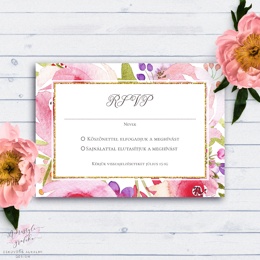 Vízfestékes Virágos Esküvői RSVP Válaszkártya