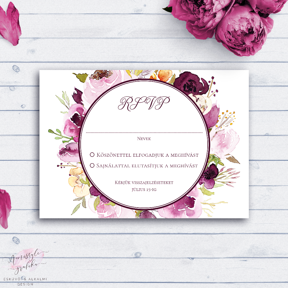 Bordó Akvarell-Virágos Esküvői RSVP Válaszkártya