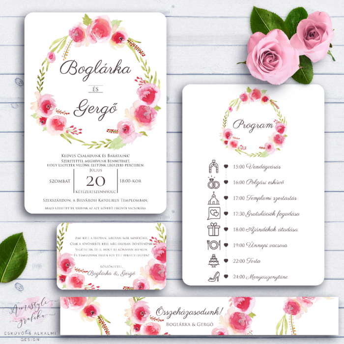 Akvarell Virágkoszorús Esküvői Meghívó Szett Akvarell Virágkoszorús Esküvői Meghívó Szett