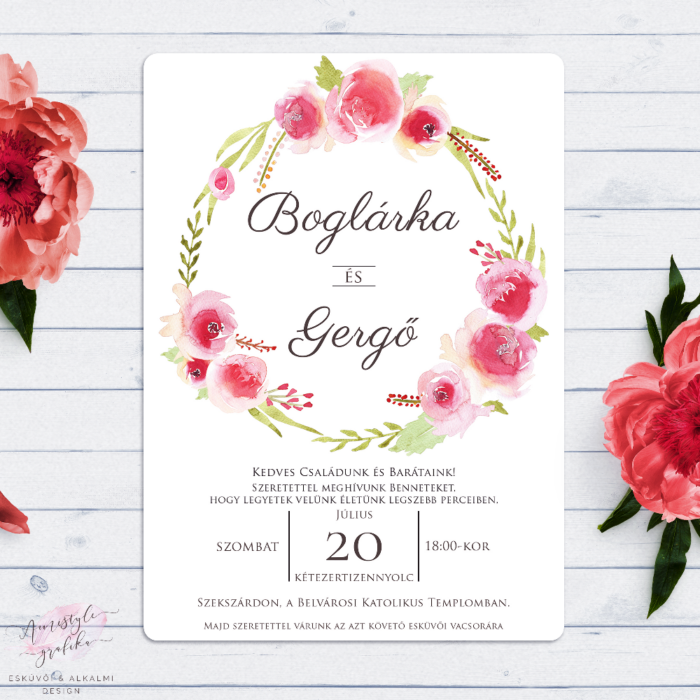 Akvarell Virágkoszorús Esküvői Meghívó Akvarell Virágkoszorús Esküvői Meghívó
