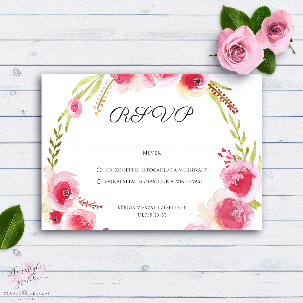 Vízfestékes Rózsakoszorús Esküvői RSVP Válaszkártya