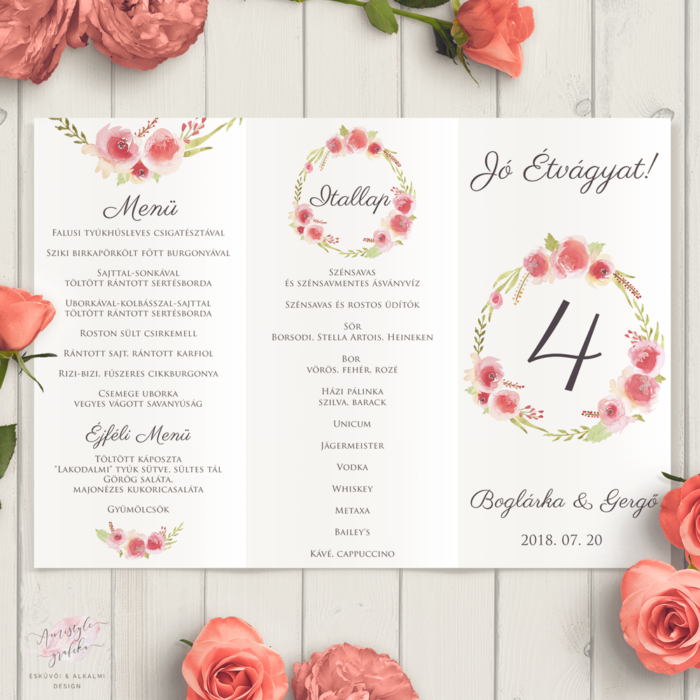 Festett Rózsakoszorús Esküvői Háromszög Menü Festett Rózsakoszorús Esküvői Háromszög Menü