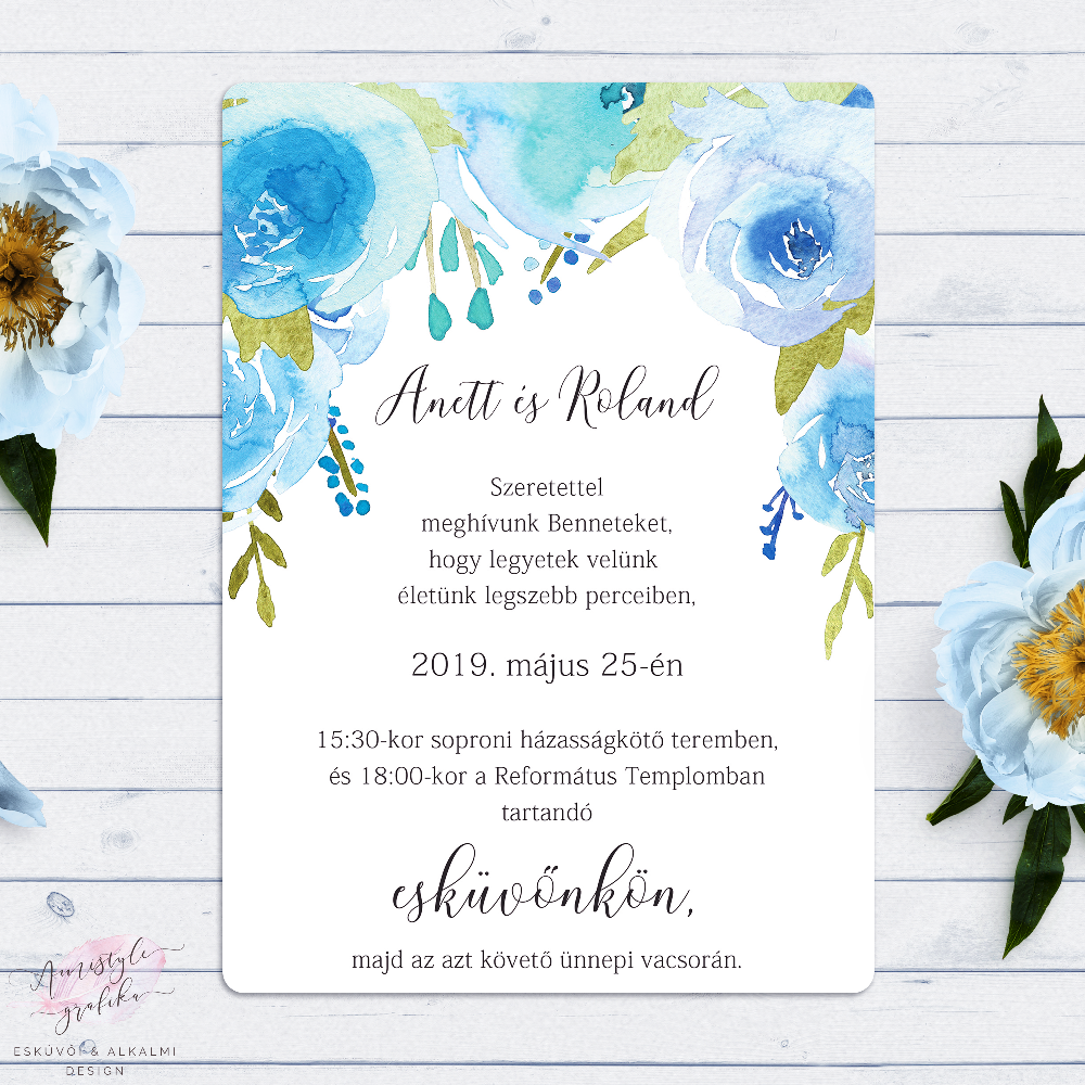 Kék Rózsakert Akvarell-Grafikás Esküvői Meghívó