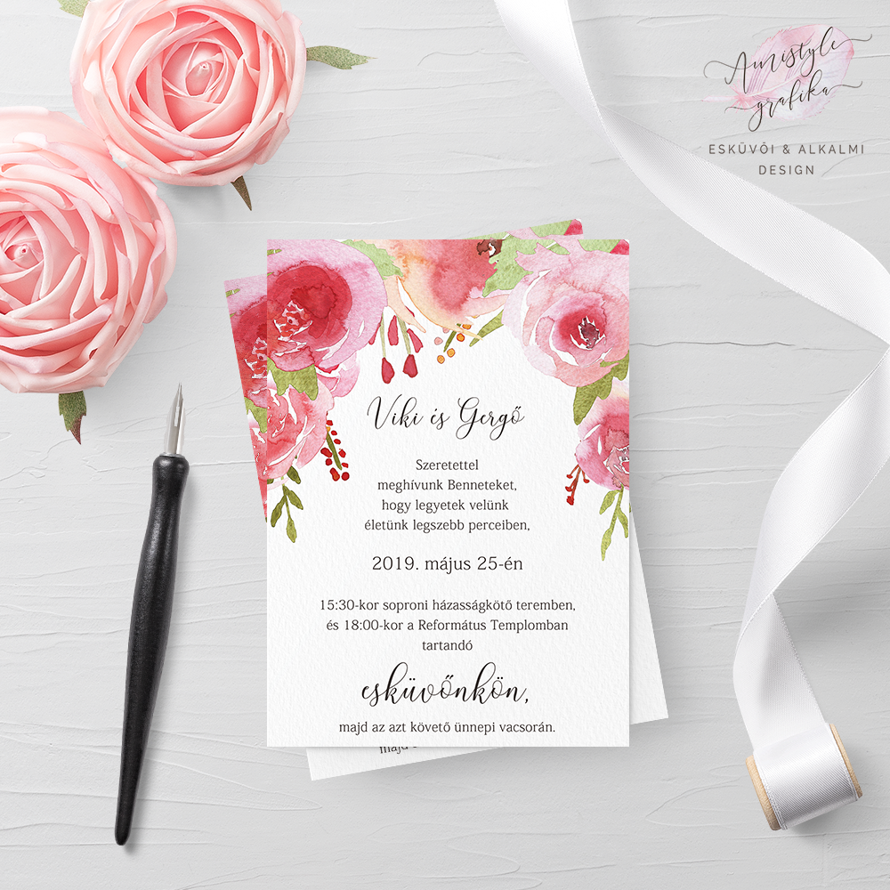 Pink Rózsakert Akvarell-Grafikás Esküvői Meghívó