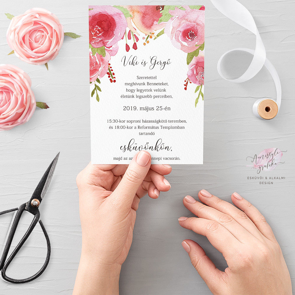 Pink Rózsakert Akvarell-Grafikás Esküvői Meghívó