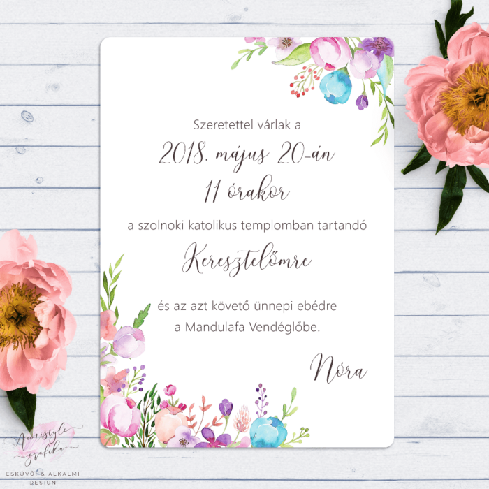 Festett Virágos Keresztelő Meghívó Festett Virágos Keresztelő Meghívó